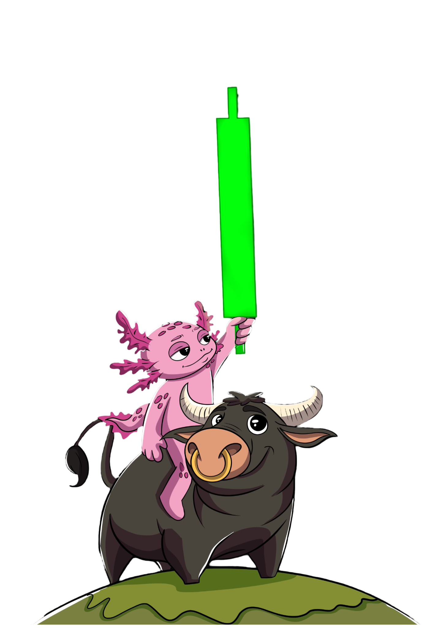 Gochi riding a bull and holding a giant green candle to the sky